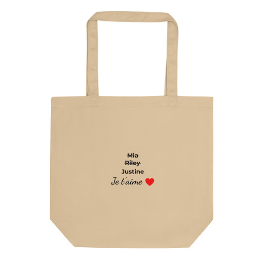 Tote bag bio personnalisable prénoms barrés femmes je t'aime - clair - Sedurro