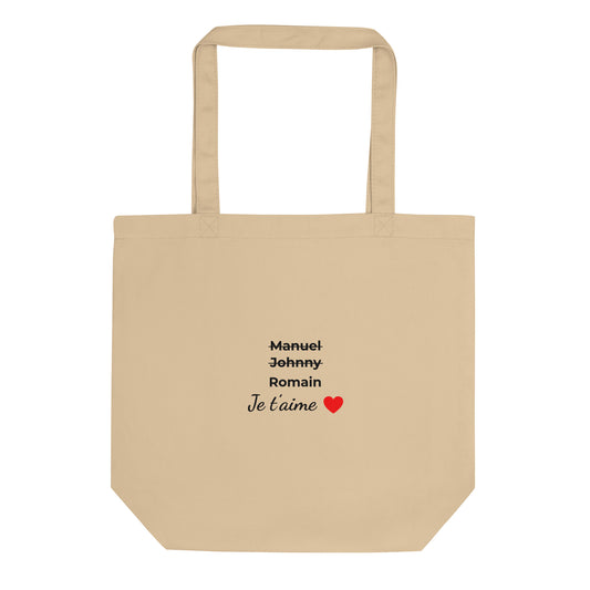 Tote bag bio personnalisable prénoms barrés hommes je t'aime - clair - Sedurro