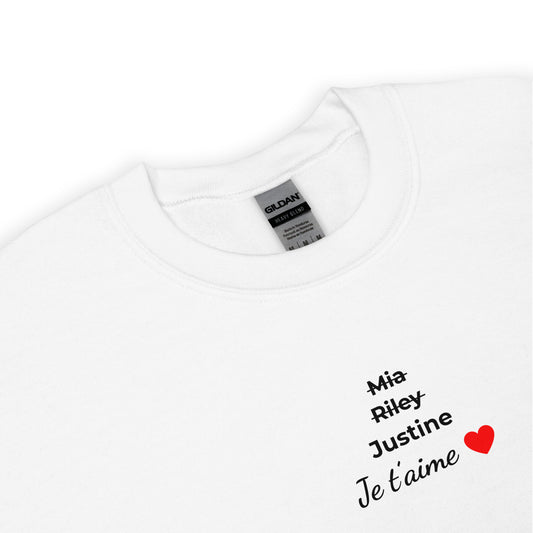 Sweat unisexe col rond personnalisable prénoms barrés femmes je t'aime - clair - Sedurro